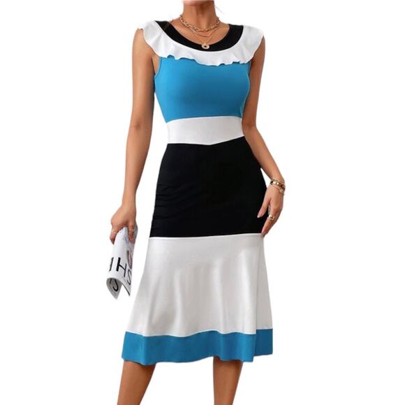 Shein ColorBlock Ruffle Dress Women’s Medium Blue Stripe - Picture 1 of 9